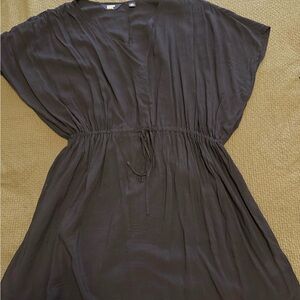 Lands' End Black V-Neck Drawstring Waist Midi Dress